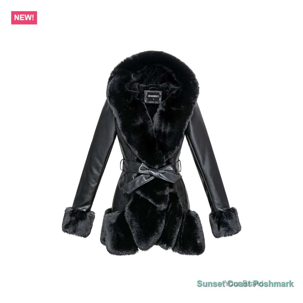 Faux Leather Coat with Faux Fur Collar, Belted Mid Length Hooded Jacket